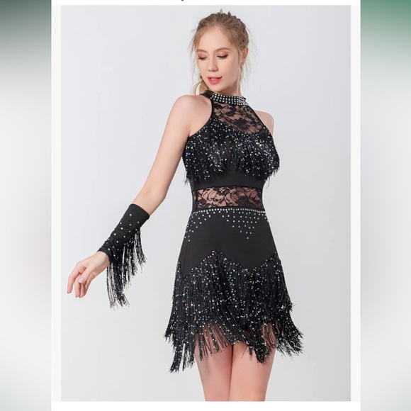 Latin Dress Lace Rhinestone Fringe Ballroom Salsa Cha Cha Dance Dress w/Armband - Picture 2 of 3